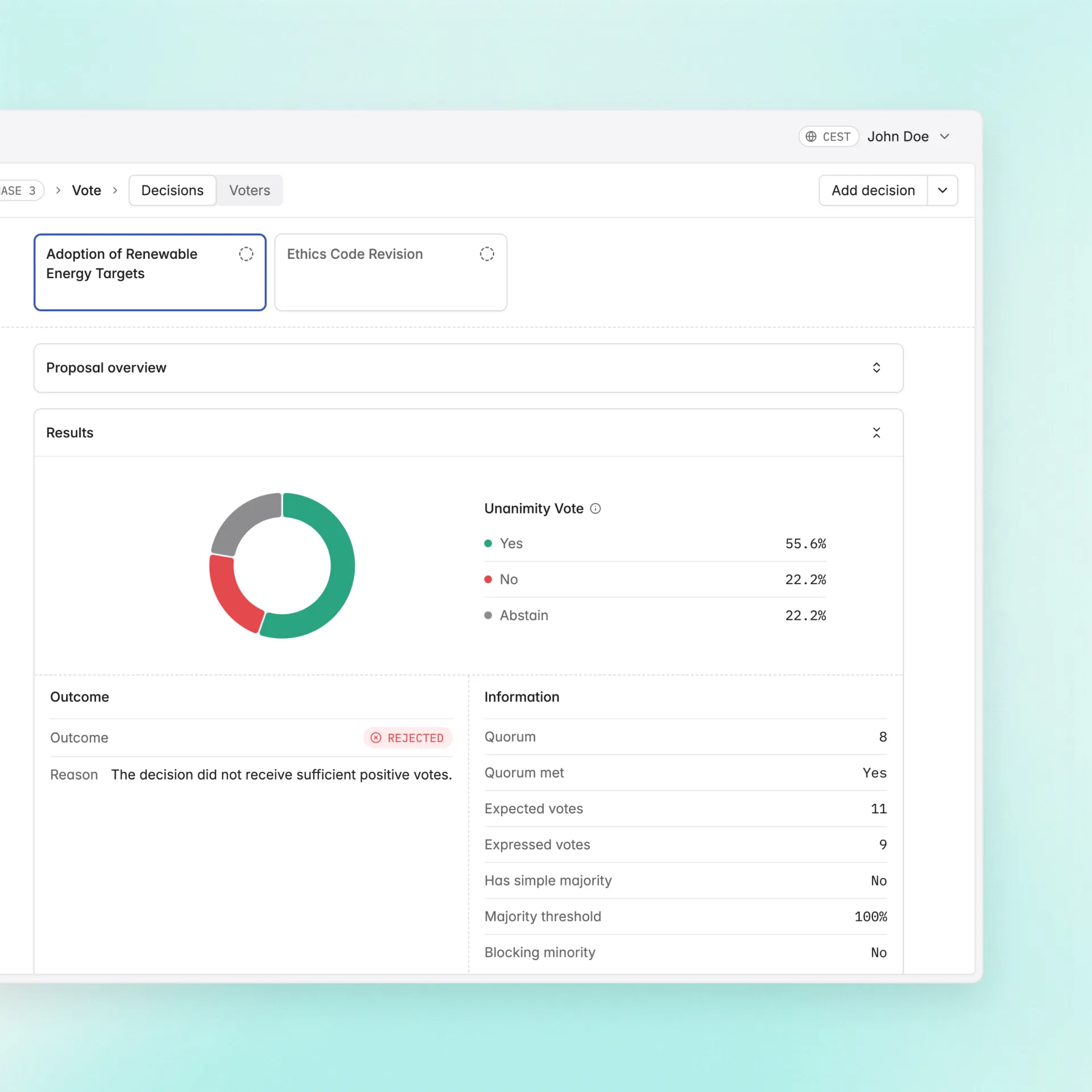 Voting session screen with live results dashboard