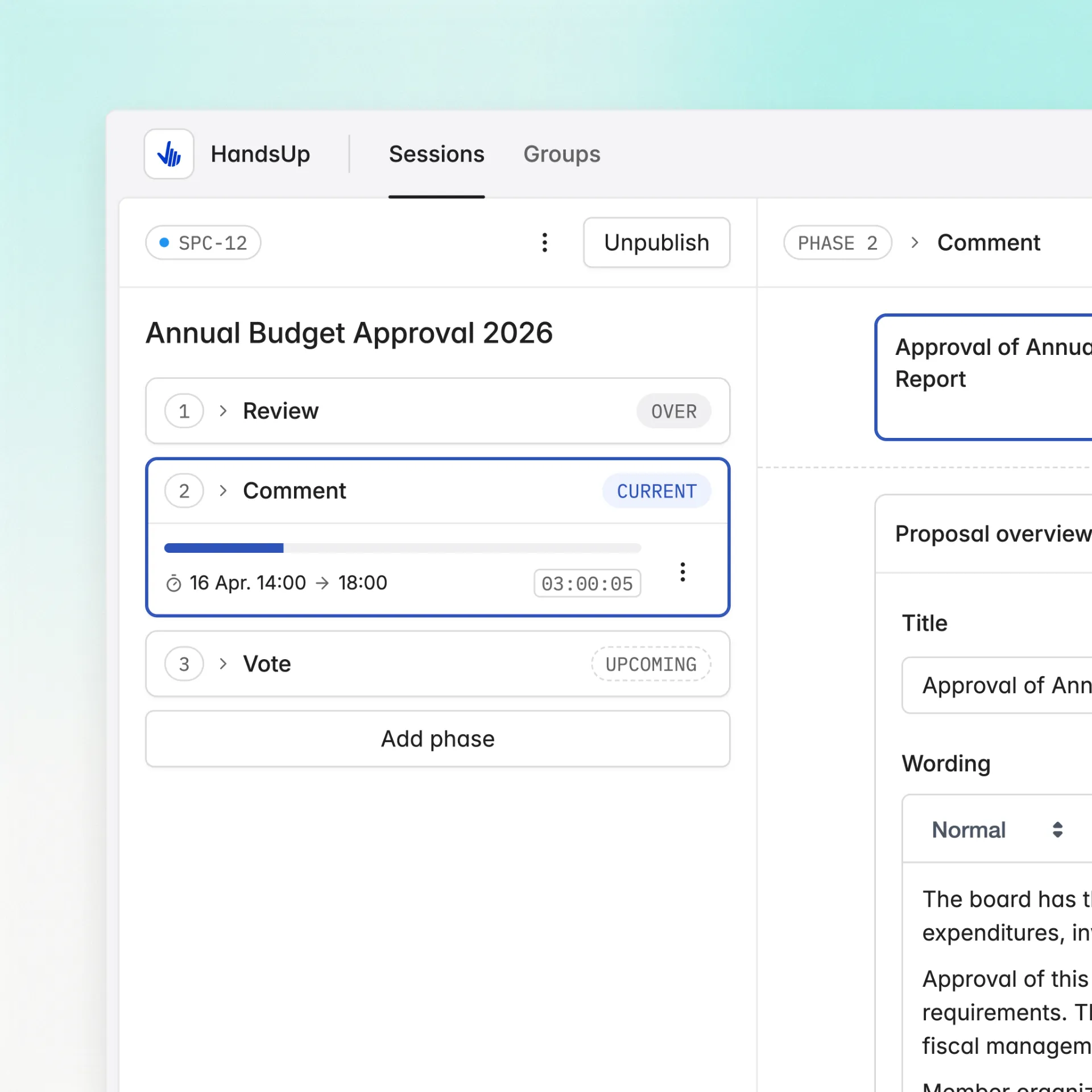 Administrator screen showing the phase creation section